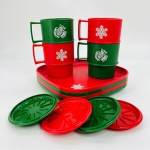 Vintage Tupperware Red Green Christmas Stackable Plates Mugs Cups with Lids